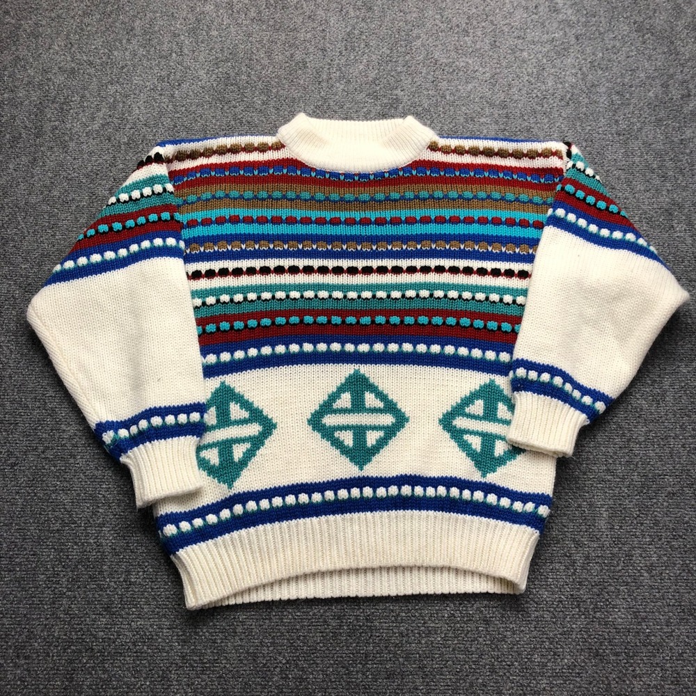 Vintage Timberland Mens Fair Isle Geometric Knit Sweater White Multi Size M
